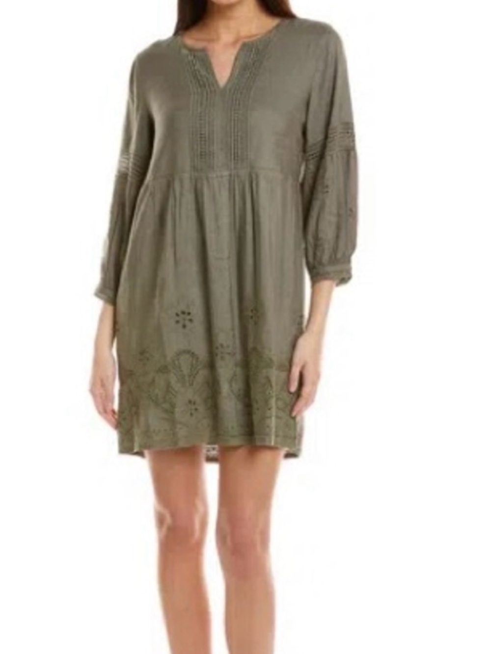 Tommy Bahama Linen Blend Embroidered Eyelet Dress Olive Green Small